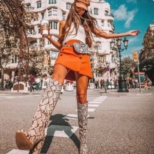 Zara Snakeskin snake print tall chunky heel boots